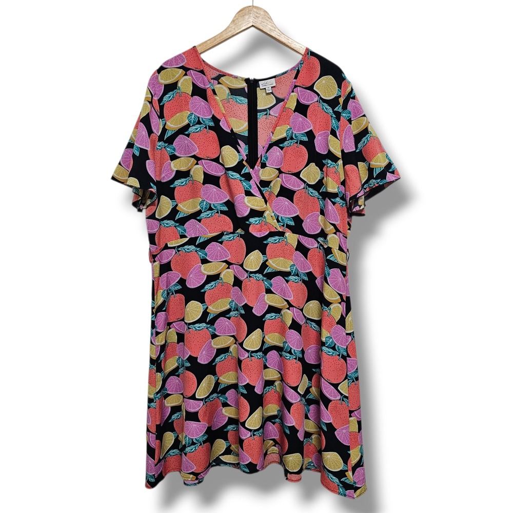 Landa Curve Dress 2X Fruit Print Lemon Black Pink‎ Faux Wrap Tropical Retro 80s